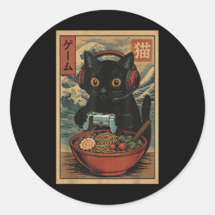 Adesivo Redondo Gato Gamer Kawaii Fofo Ramen Japonês Retro Engraça