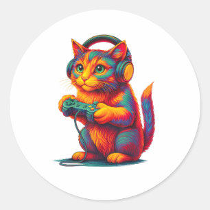 Adesivo Redondo Gato Gamer Video Games Meninos Adolescentes Homens