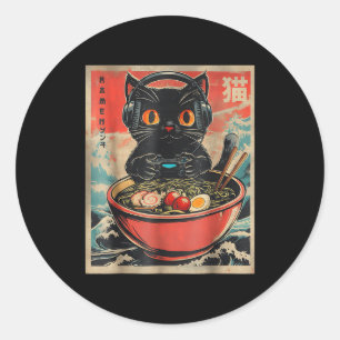 Adesivo Redondo Gato Gamer Vintage Ramen Divertido Retro Gato Japo
