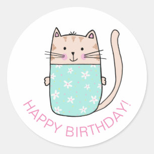 Adesivo Redondo Gato Gatinho Feliz Aniversário