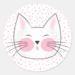 Adesivo Redondo Gato Gatinho Japonês, Rosa e Branco, Bonito