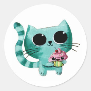 Adesivo Redondo Gato Gato Gato Gato Gato e Cupcake Kawaii