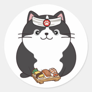Adesivo Redondo Gato gordo engraçado é um chef de sushi