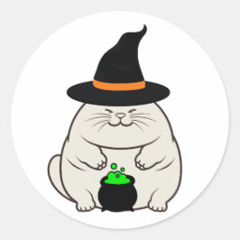 Adesivo Redondo Gato gordo engraçado é uma bruxa