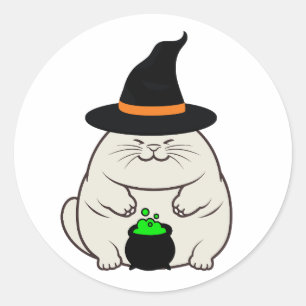 Adesivo Redondo Gato gordo engraçado é uma bruxa