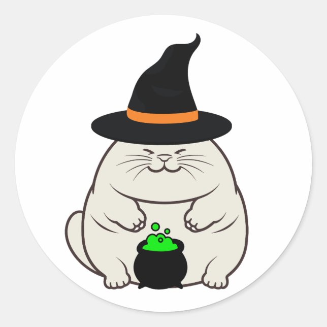 Adesivo Redondo Gato gordo engraçado é uma bruxa (Frente)