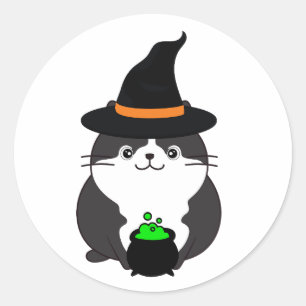 Adesivo Redondo Gato gordo engraçado é uma bruxa