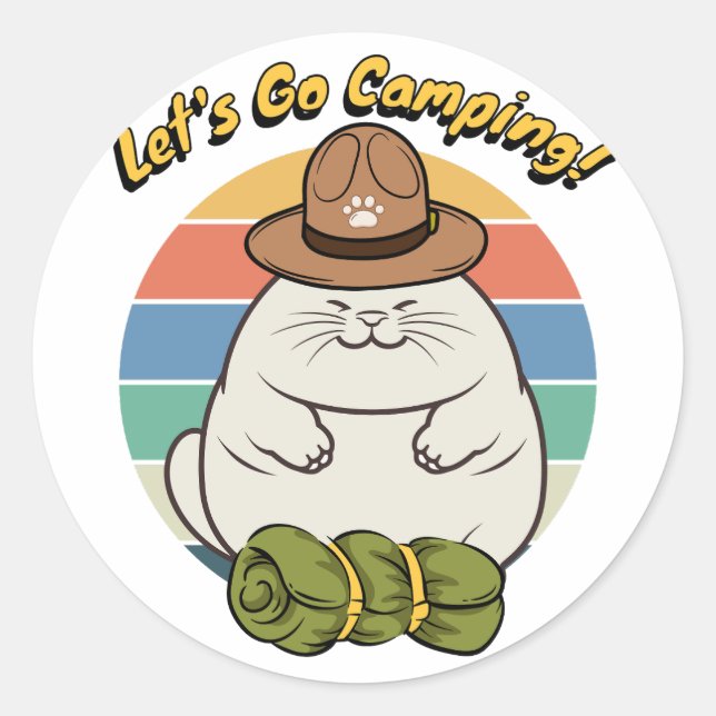 Adesivo Redondo Gato gordo engraçado quer ir acampar (Frente)