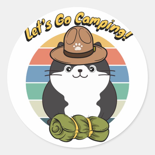 Adesivo Redondo Gato gordo engraçado quer ir acampar (Frente)