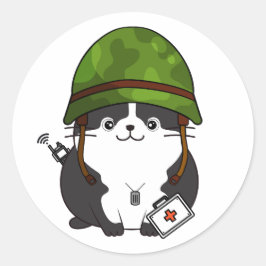 Adesivo Redondo Gato Gordo Vestindo capacete do exército