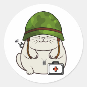 Adesivo Redondo Gato Gordo Vestindo capacete do exército