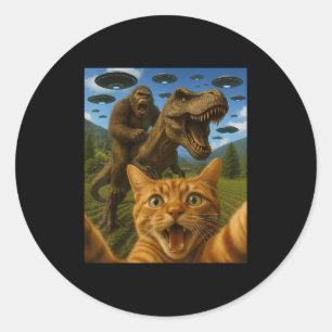 Adesivo Redondo Gato Gráfico Engraçado Selfie Com T-rex Andando Pé