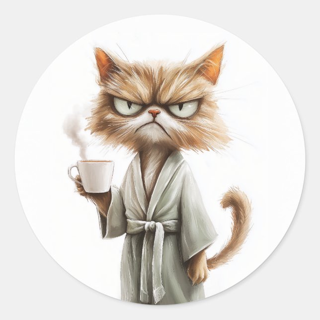 Adesivo Redondo Gato Grumpy Precisa De Café (Frente)
