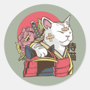 Adesivo Redondo Gato Guerreiro Samurai