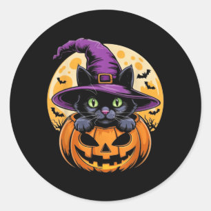 Adesivo Redondo Gato Halloween Abóbora Gato Preto Assustador Assus