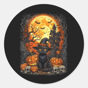 Adesivo Redondo Gato Halloween Abóbora Preto
