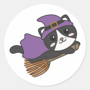 Adesivo Redondo Gato Halloween Bruxas Crianças de Bruxas Figuras C