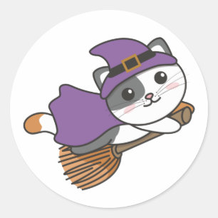 Adesivo Redondo Gato Halloween Bruxas Crianças de Bruxas Figuras C