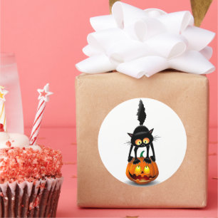 Adesivo Redondo Gato Halloween Caricatura Assustada na Pumpkin