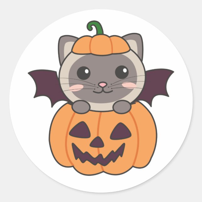 Adesivo Redondo Gato Halloween Pumpkin Bat Costume (Frente)