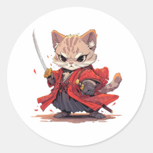 Adesivo Redondo Gato Herói ao estilo samurai zangado