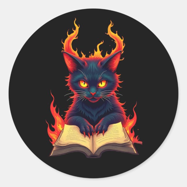 Adesivo Redondo Gato Inferno Lendo um Livro Ortográfico (Frente)