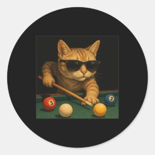 Adesivo Redondo Gato Jogando Piscina Bilhar No Salão Legal Engraça