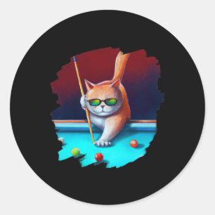Adesivo Redondo Gato Jogando Piscina Bilhar No Salão Legal Engraça