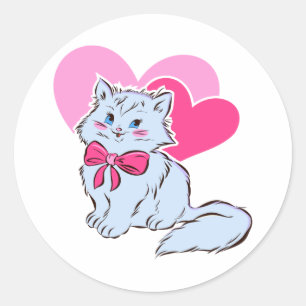 Adesivo Redondo Gato Kawaii Azul Com Laço Rosa & Corações