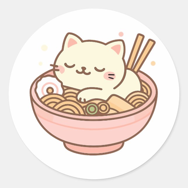 Adesivo Redondo Gato Kawaii Cachorro Dormindo em Ramen Bowl (Frente)