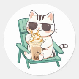 Adesivo Redondo Gato Kawaii Chibi de Óculos de Sol Bebendo Frappè