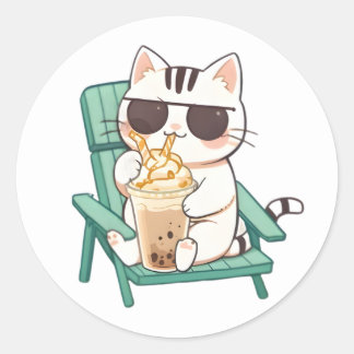 Adesivo Redondo Gato Kawaii Chibi de Óculos de Sol Bebendo Frappè