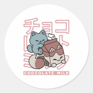 Adesivo Redondo Gato Kawaii com Leite de Chocolate – Arte Pop Japo