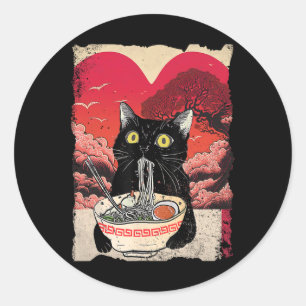Adesivo Redondo Gato Kawaii Comendo Macarrão Ramen É Meu Valent