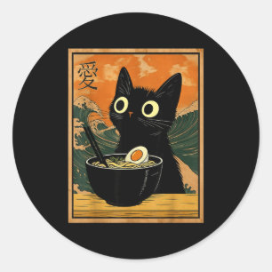 Adesivo Redondo Gato Kawaii Comendo Macarrão Ramen Presente Divert