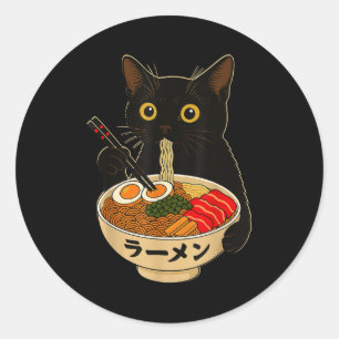 Adesivo Redondo Gato Kawaii Comendo Macarrão Ramen Presente Divert
