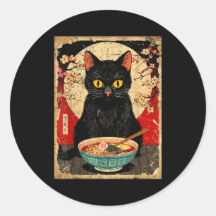 Adesivo Redondo Gato Kawaii Comendo Macarrão Ramen Presente Divert