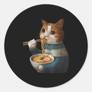Adesivo Redondo Gato Kawaii Comendo Macarrão Ramen Presente Divert