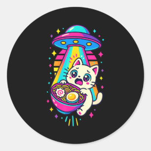 Adesivo Redondo Gato Kawaii Engraçado Ramen Ufo Anime Japonês Mulh