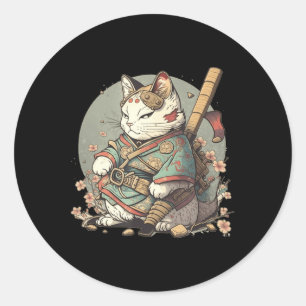 Adesivo Redondo Gato Kawaii Estilo Samurai Anime Kitten Japonês