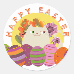 Adesivo Redondo Gato Kawaii Feliz Páscoa