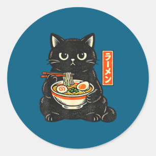 Adesivo Redondo Gato kawaii japonês retrô comendo ramen