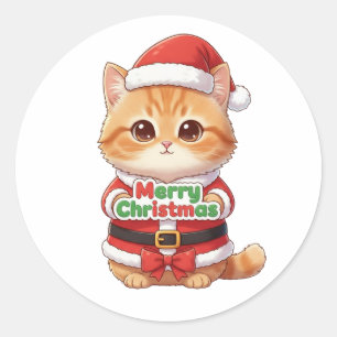 Adesivo Redondo Gato Kawaii Papai Noel Feliz Natal