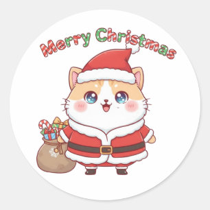 Adesivo Redondo Gato Kawaii Papai Noel Presente de Natal Férias