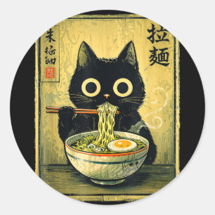 Adesivo Redondo Gato kawaii ramen vintage japonês engraçado retrô
