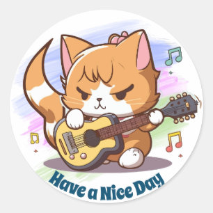 Adesivo Redondo Gato Laranja Fofo Tocando Violão