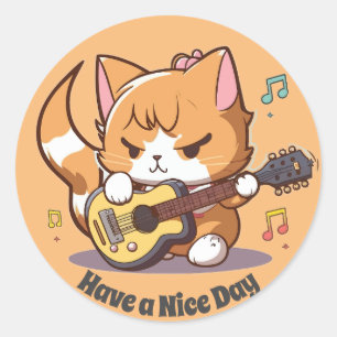 Adesivo Redondo Gato Laranja Fofo Tocando Violão