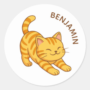 Adesivo Redondo Gato Laranja Listrado Esticado Nome Personalizado