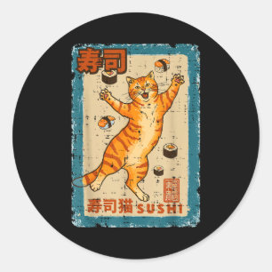 Adesivo Redondo Gato Laranja Pulando Com Sushi Comida Japonesa Hom
