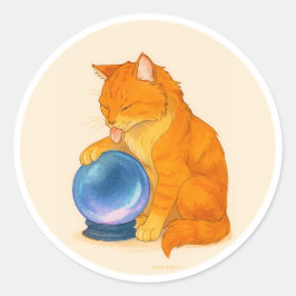Adesivo Redondo Gato laranja tabby com bola de cristal azul